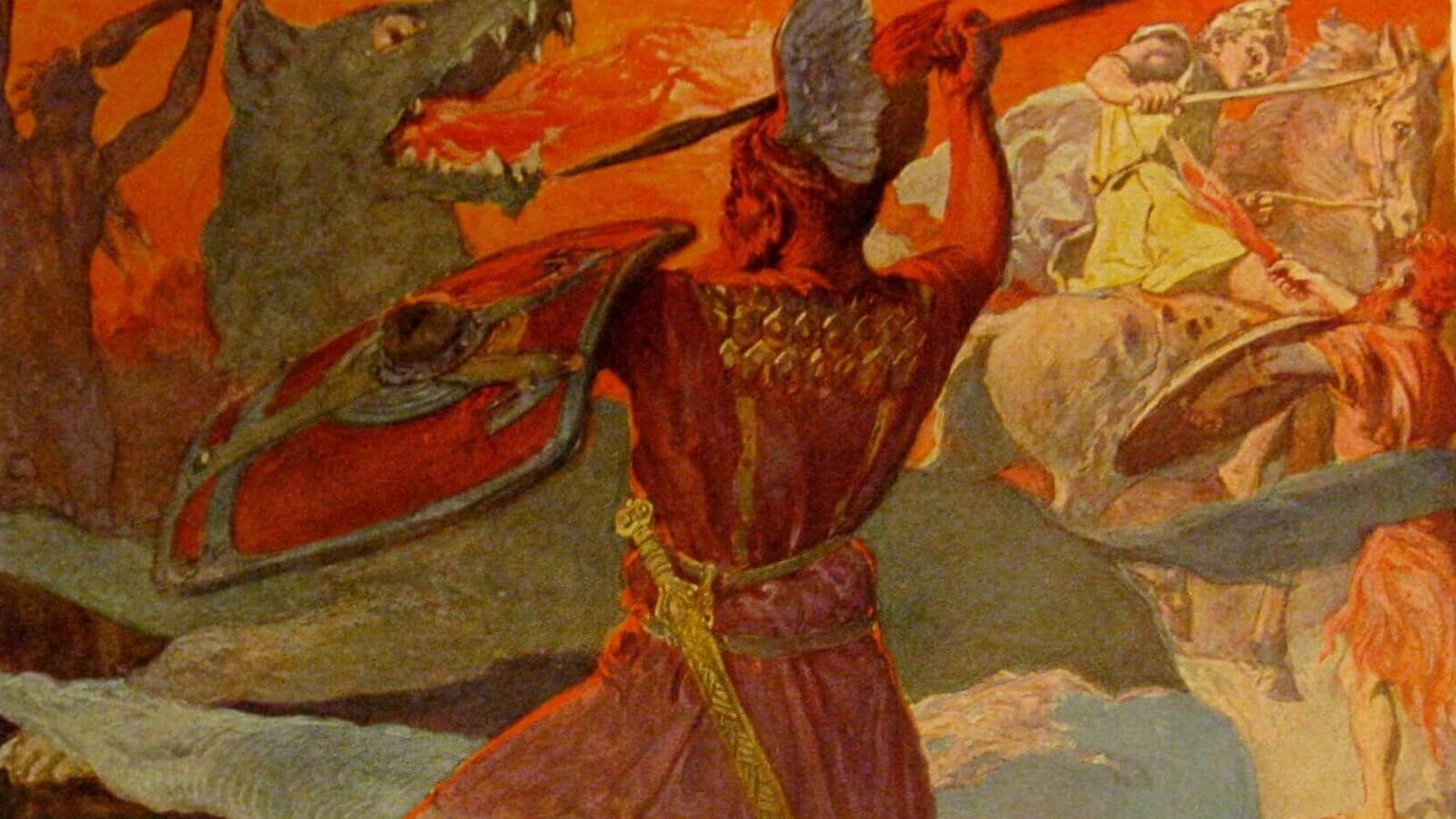 Odin does battle with Fenrir at Ragnarök