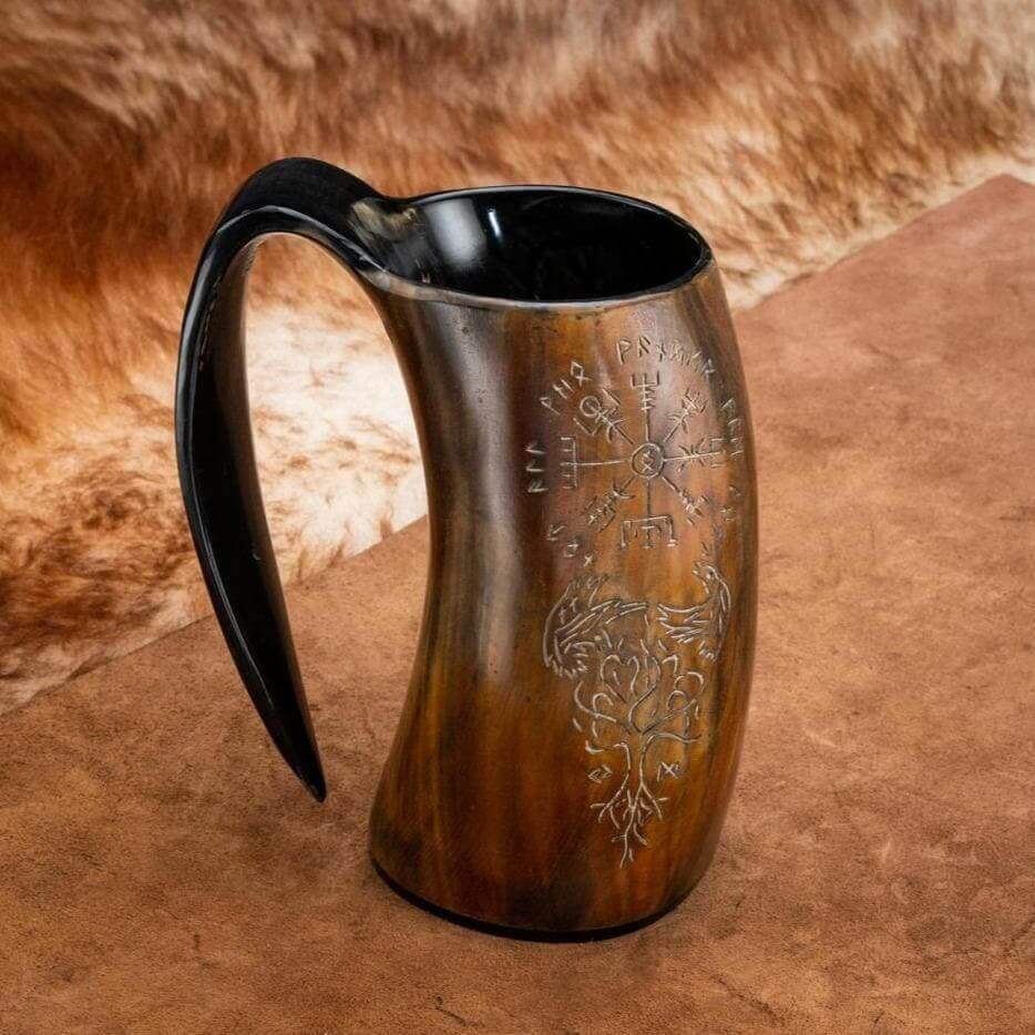Burnt Horn Mug with Carved Norse Symbols