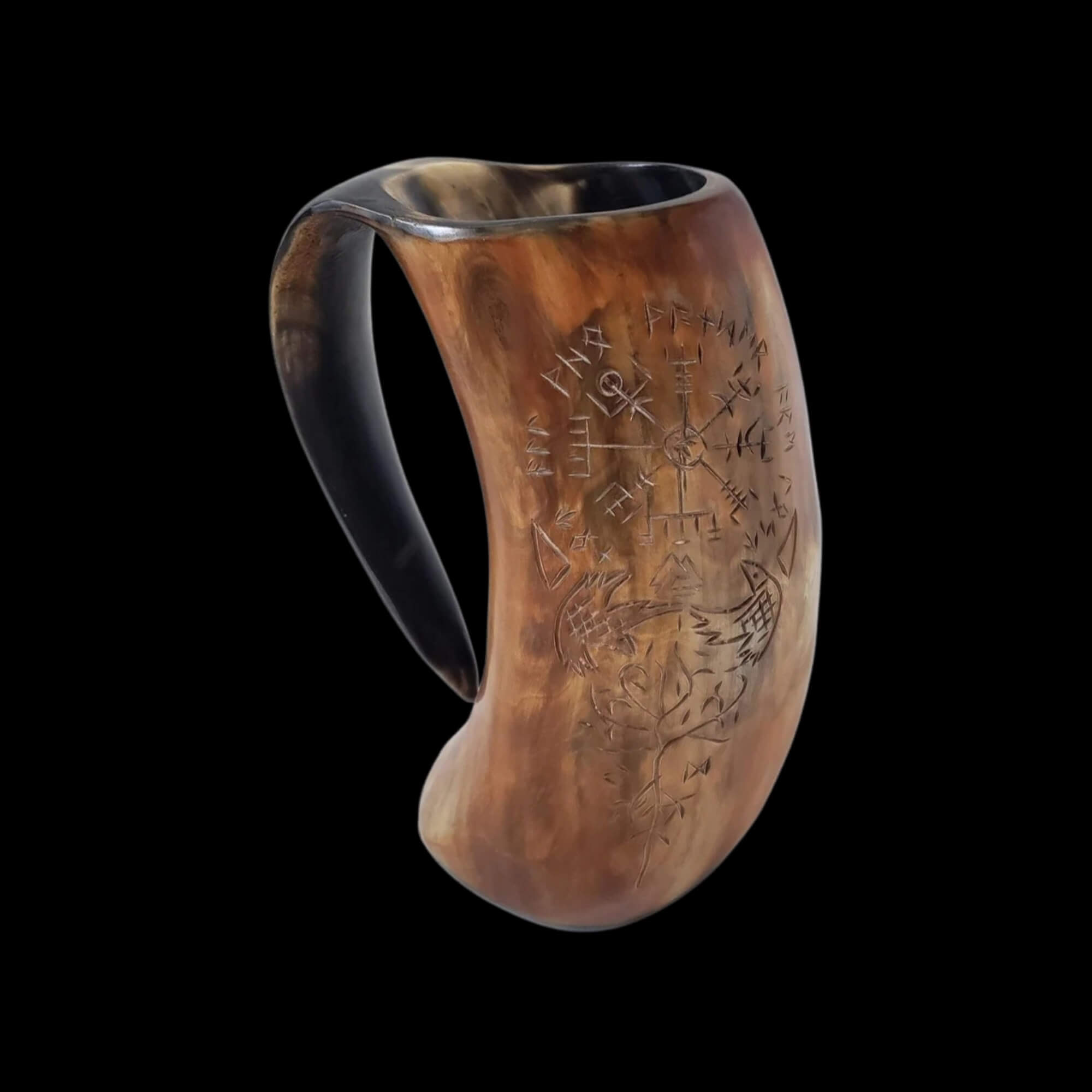 Burnt Horn Mug with Carved Norse Symbols