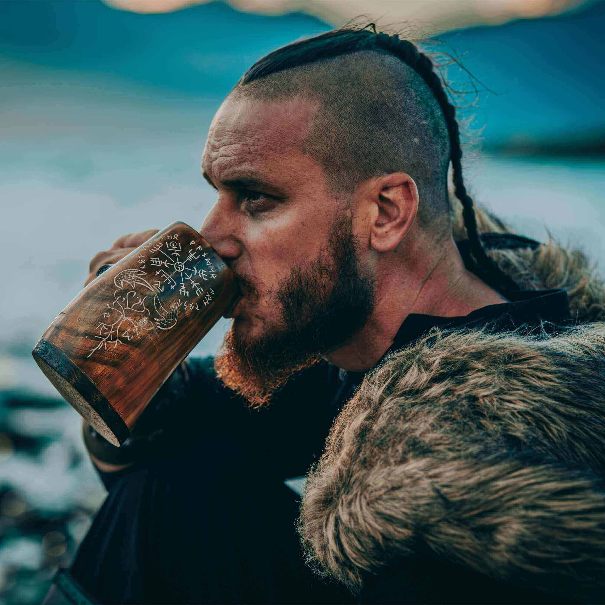 Burnt Horn Mug with Carved Norse Symbols