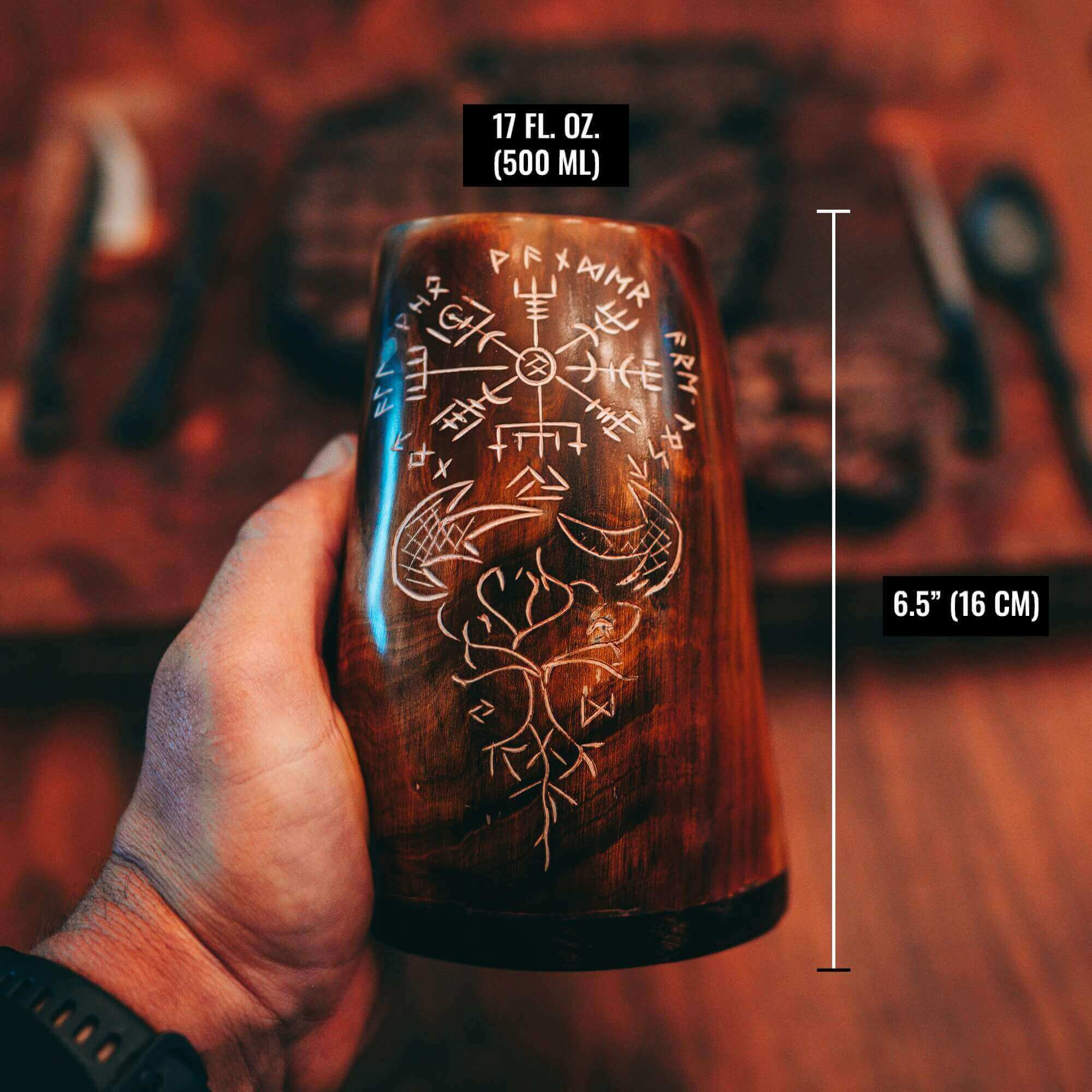 Burnt Horn Mug with Carved Norse Symbols