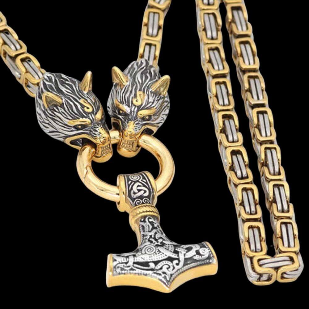 Wolves Holding Mjölnir Necklace