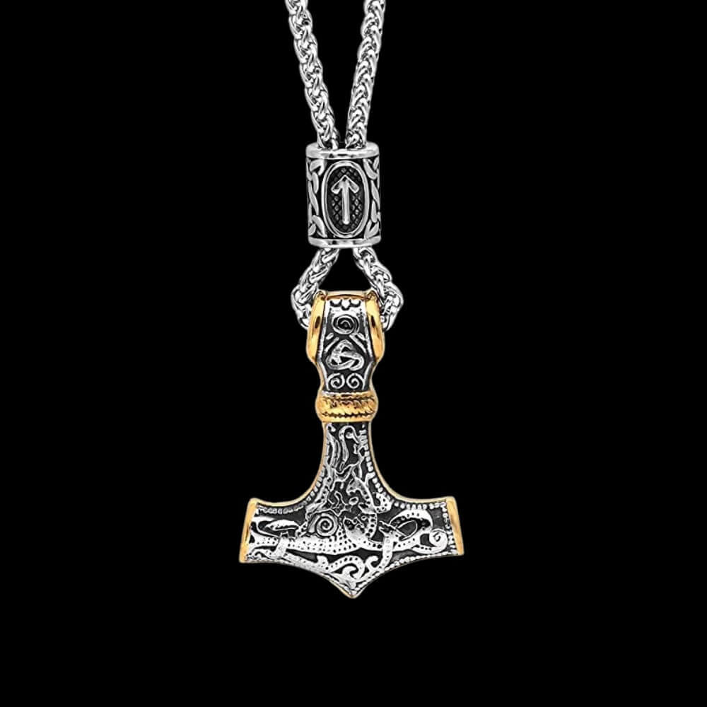 Thor's Hammer Viking Necklace with Rune Bead
