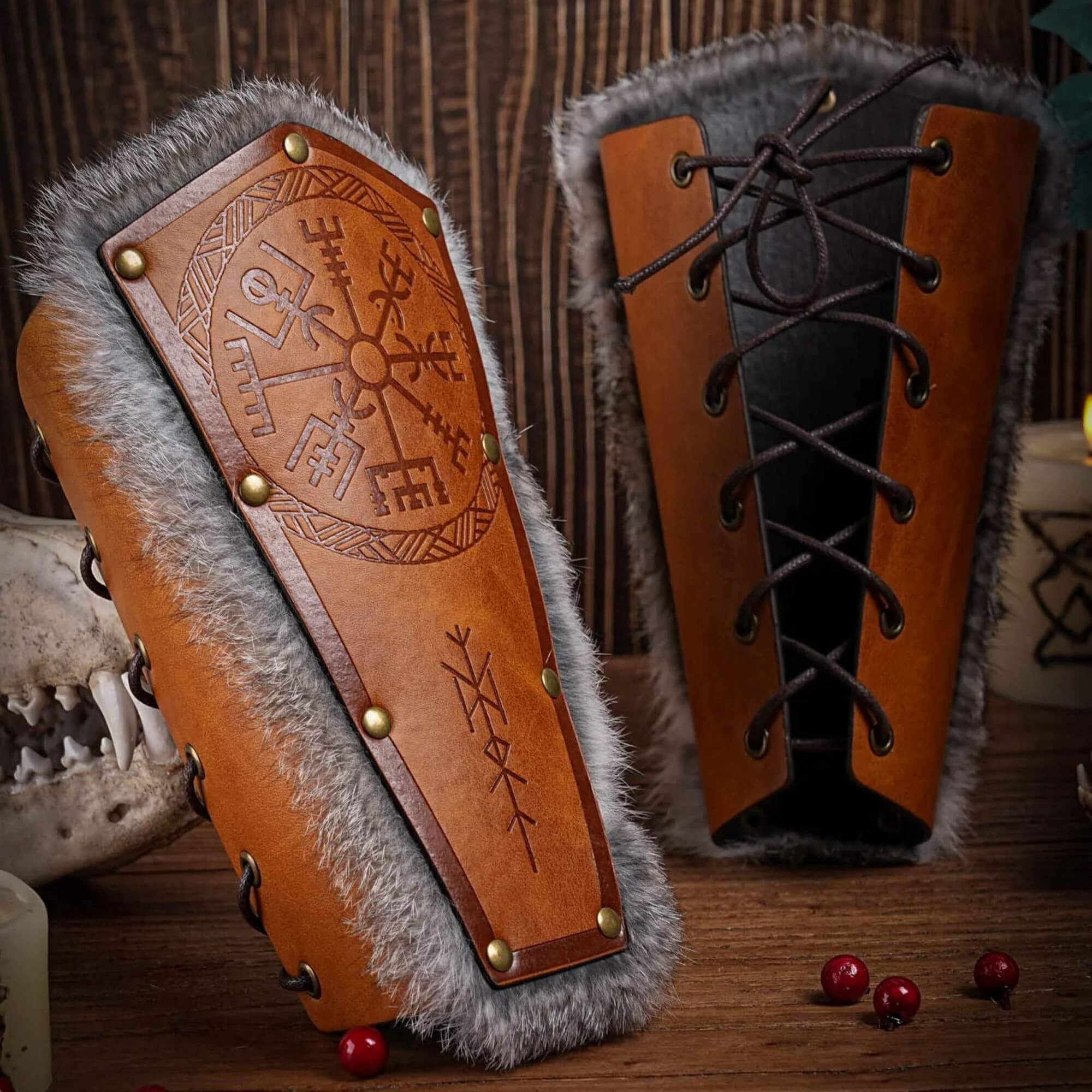 Thor's Hammer Leather Bracers, Viking Geri and Freki Wolves Vambrace