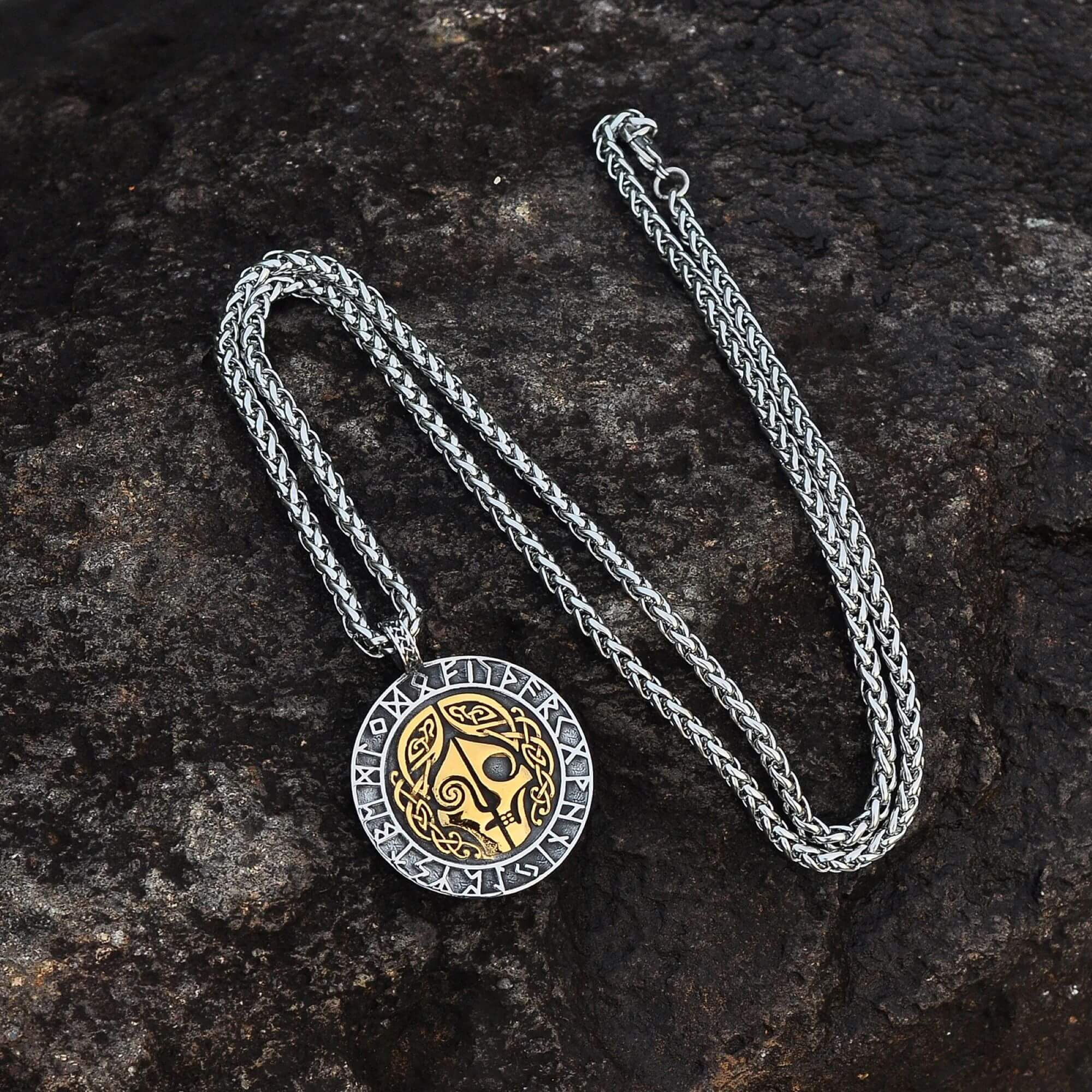 Golden Hel Goddess With Runes Necklace