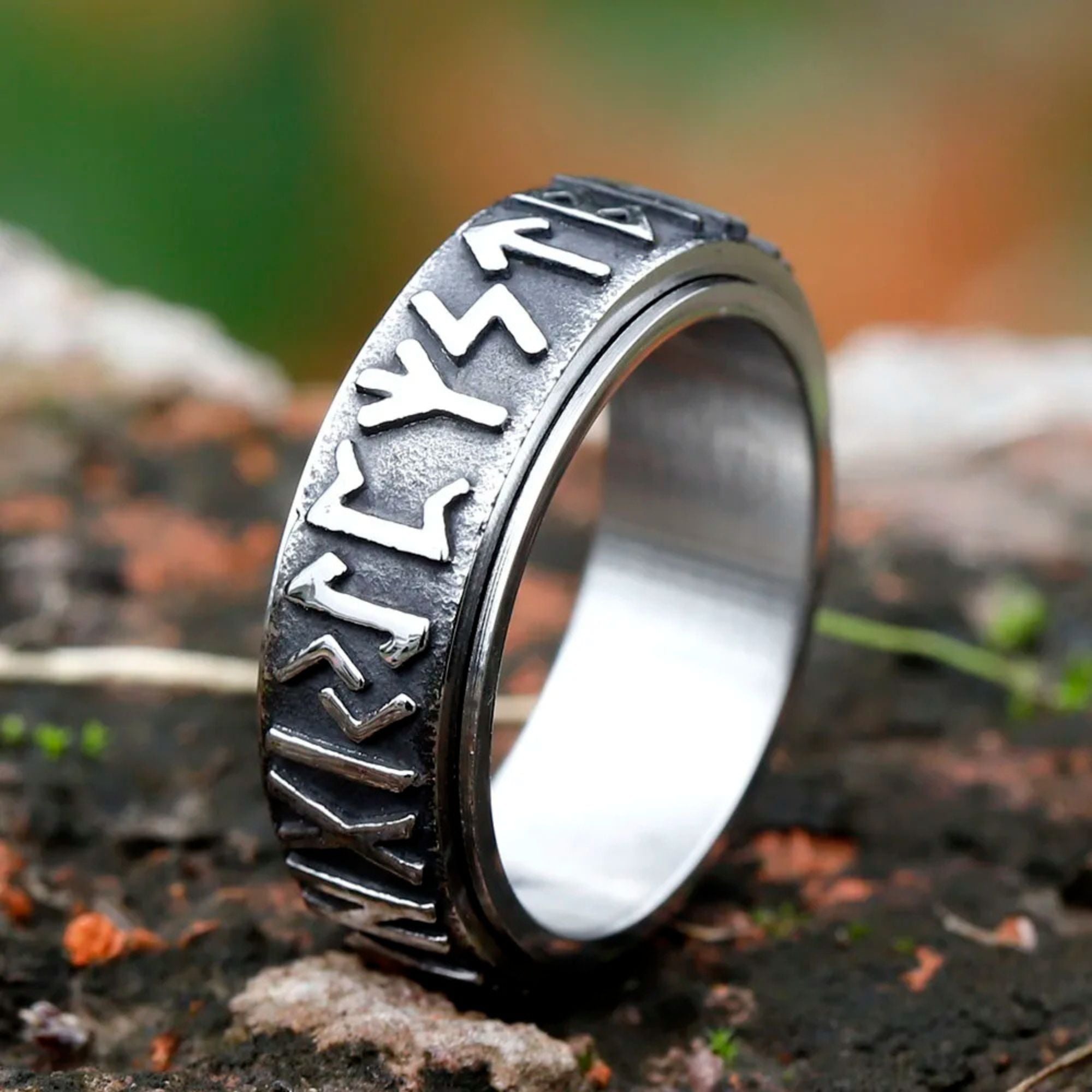 Gun Black Rotatable Runes Ring