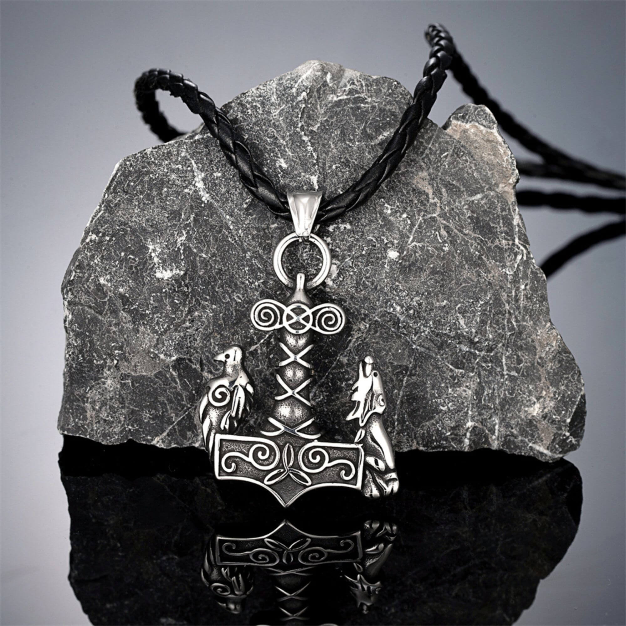 Odin's Raven and Wolf on Mjölnir Necklace