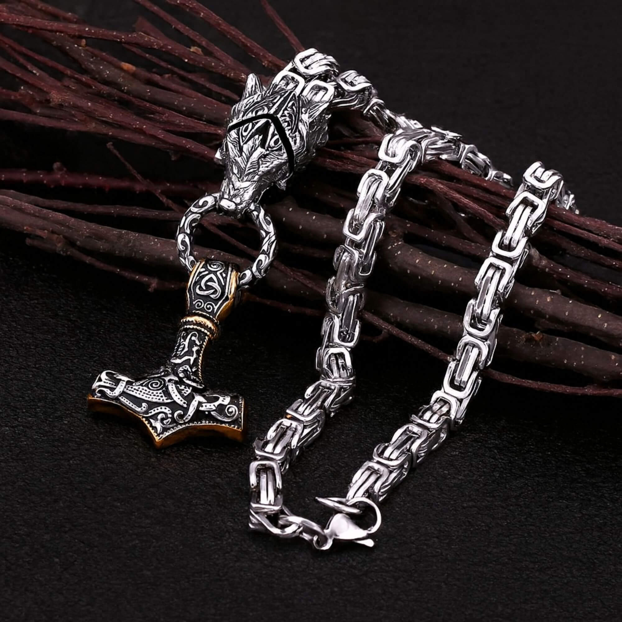 Fenrir and Mjolnir Heavy Necklace