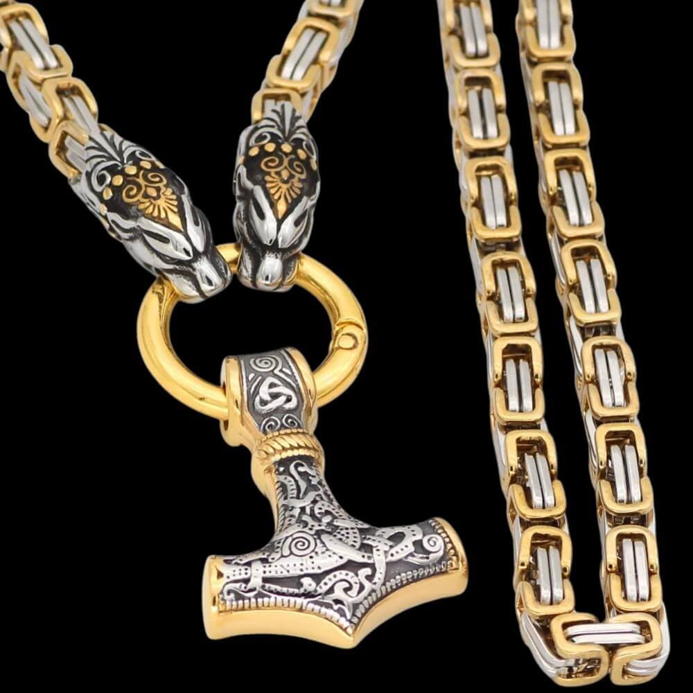 Dragons Holding Mjölnir King Chain Necklace