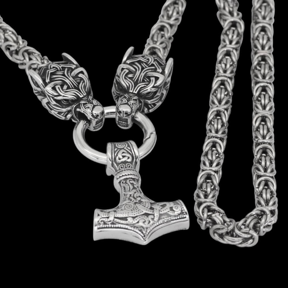 Geri and Freki Holding Mjölnir Byzantine Chain Necklace