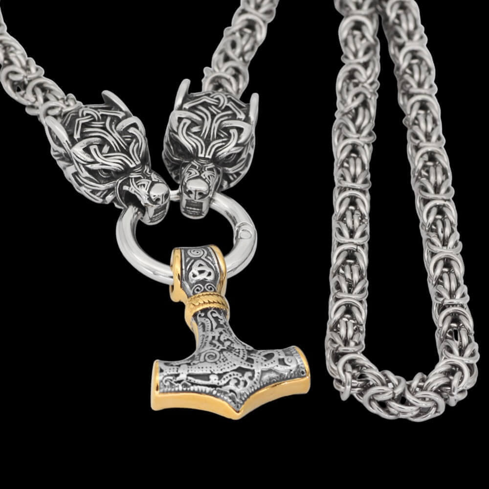 Geri and Freki Holding Mjölnir Byzantine Chain Necklace