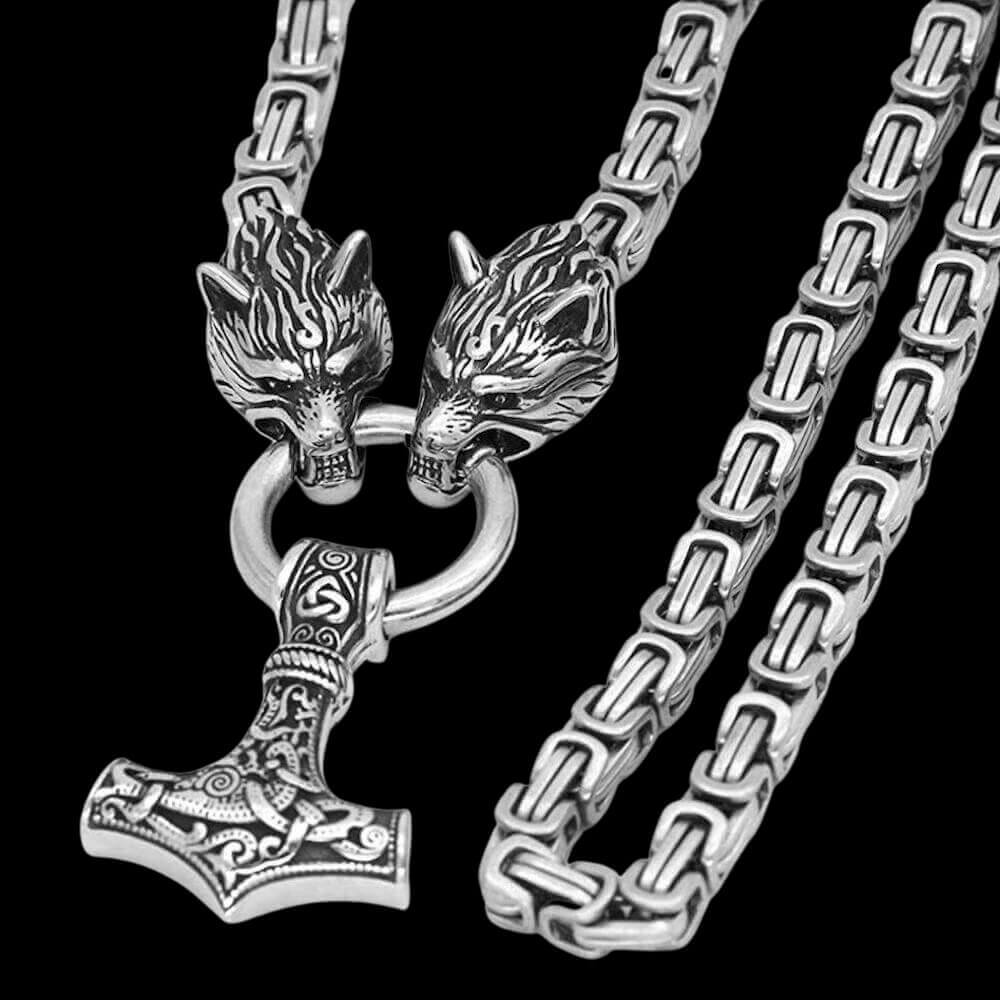 Odin's Raven and Wolf on Mjölnir Necklace - Odin's Treasures