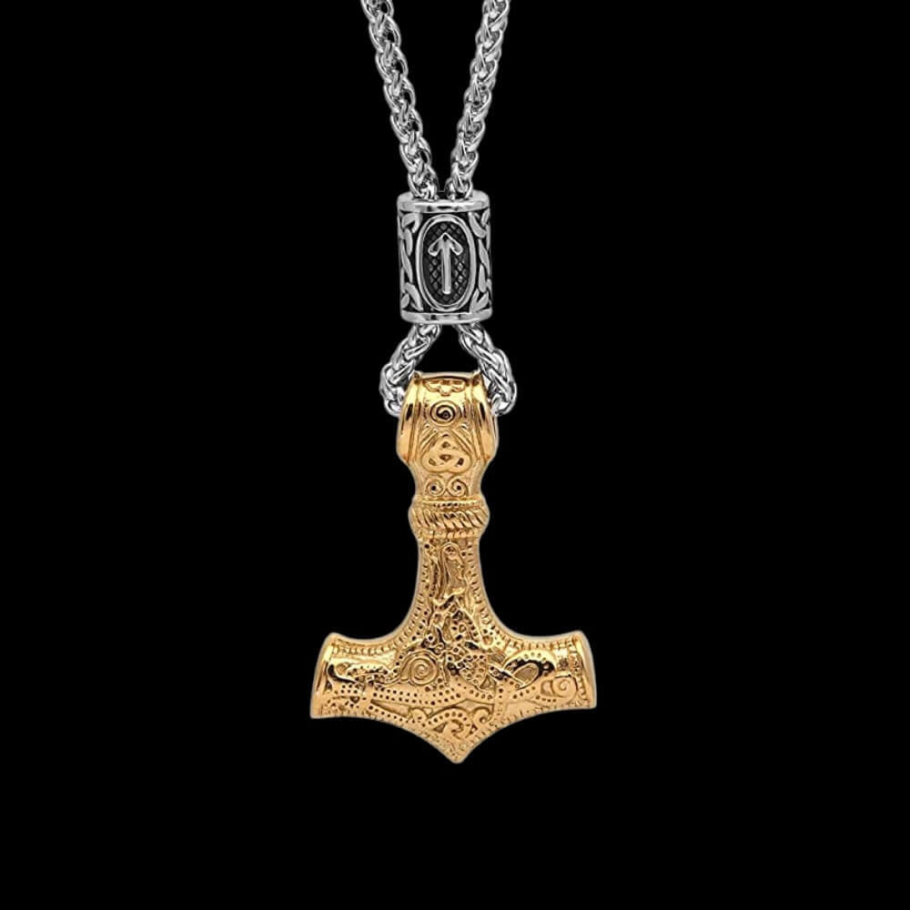 Thor's Hammer Viking Necklace with Rune Bead