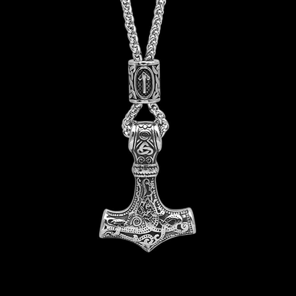 Thor's Hammer Viking Necklace with Rune Bead