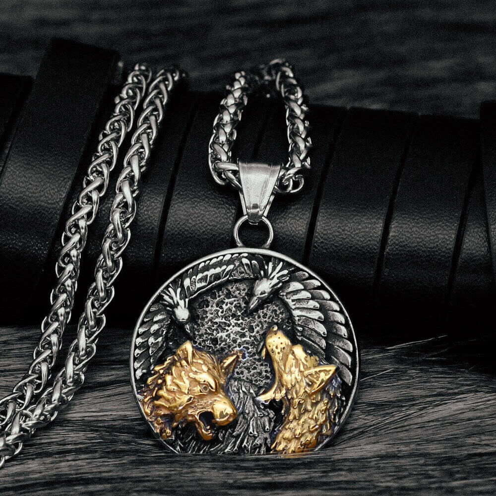 Odin's Wolves and Ravens Necklace