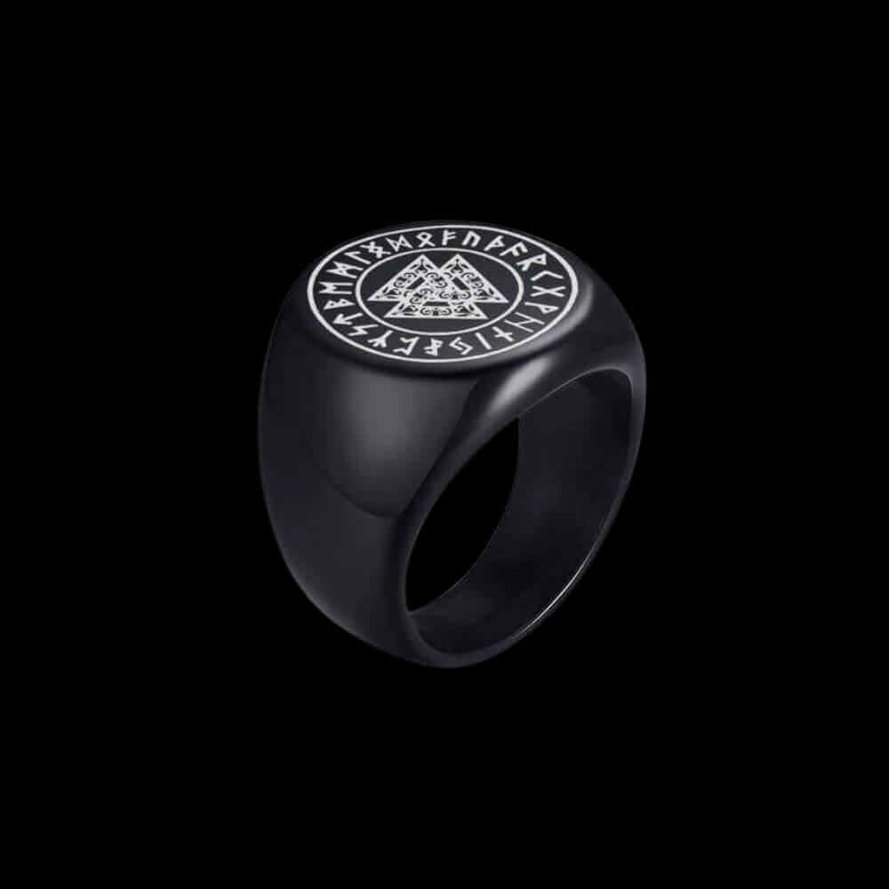 Valknut and Runes Viking Ring - Black Stainless Steel